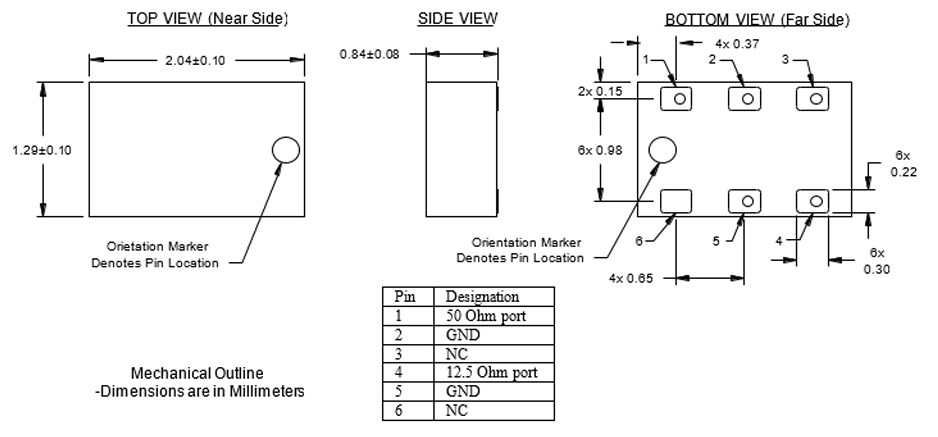 ?T0727J5012AHF超低剖面0805阻抗變壓器50?至12.5?